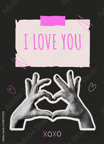 Poster with the text I love you on torn paper. Vintage vector illustration with dotted pop art. 