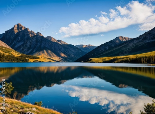 a serene mountain lake reflecting the surrounding peaks and clouds
