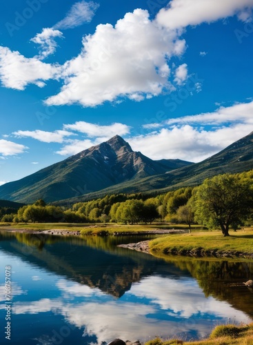 a serene mountain lake reflecting the surrounding peaks and clouds