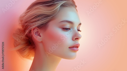 Closeup portrait of a beautiful woman  with warm peach color gradient background. Great for creating advertising for cosmetics, beauty salons and SPA, and other projects for women.