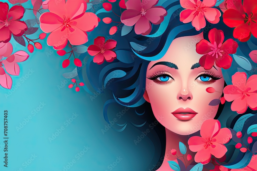8th March. Happy International Women's day with portrait young woman, flowers and empty space for text. Romantic floral composition. Flowers in hair. Dark turquoise, light red