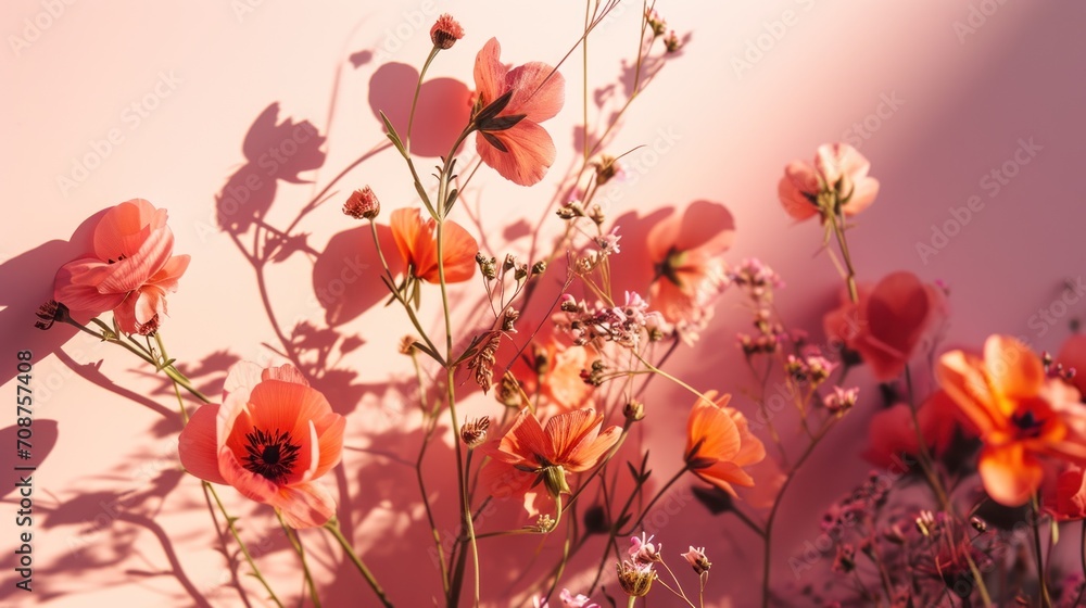  a close up of a bunch of flowers with a shadow on the wall in the middle of the picture and the shadow of the flowers on the wall in the middle of the picture.