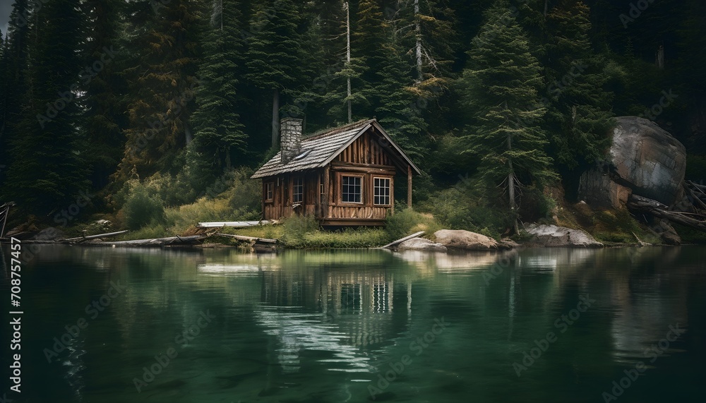 a small cabin sits quietly in the middle of a lake