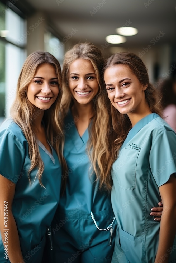 Fototapeta premium Three female nurses posing for a photo in a hospital hallway