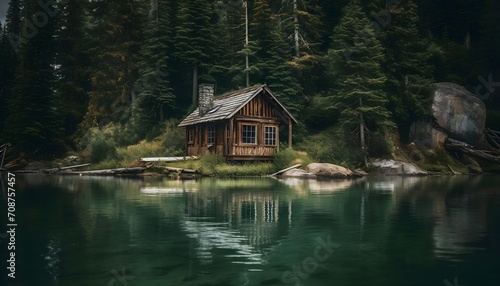 a small cabin sits quietly in the middle of a lake