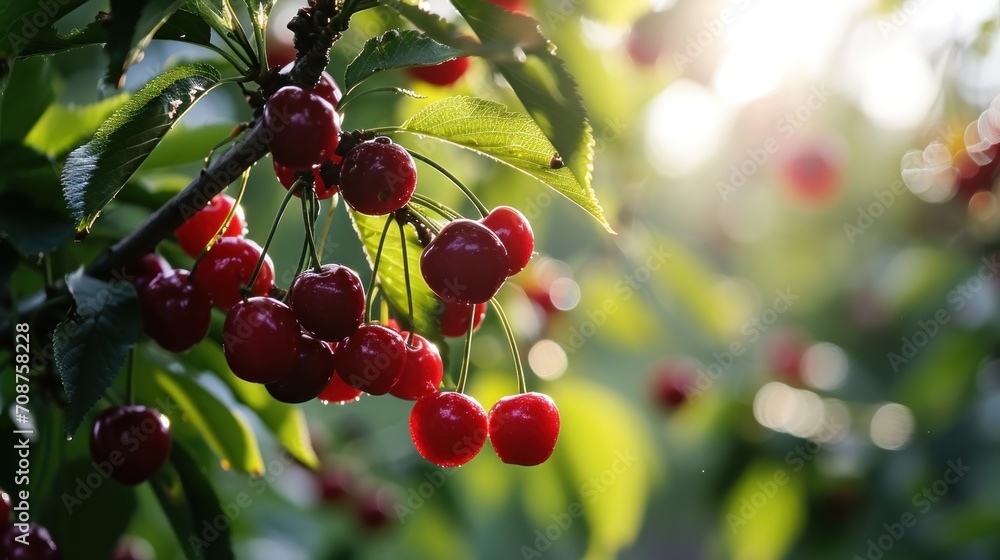 Obraz premium a bunch of cherries hanging from a tree with the sun shining through the leaves and the cherries on the tree are ripe and ready to be picked from the tree.