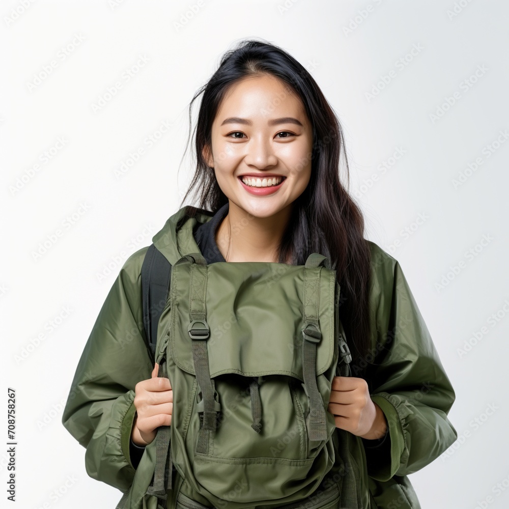 portrait of a young asian woman wearing a green jacket and backpack portrait of a young asian woman wearing a green jacket and backpack
