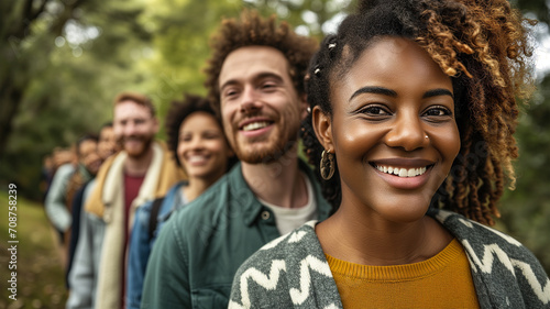 Emotional portrait of a teenage girl of African descent smiling. Young black woman in front of a multicultural group of friends of different ethnicities in a single line. Visual concept on diversity photo