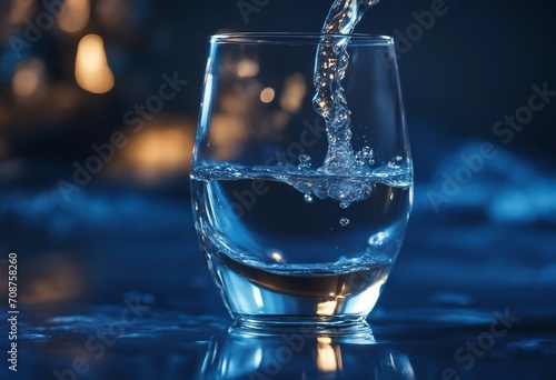 A stream of clear transparent cold water is poured into a glass beaker on blue background with beaut