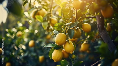  a bunch of lemons hanging from a tree with the sun shining through the leaves and the fruit on the tree is almost ready to be picked from the tree.