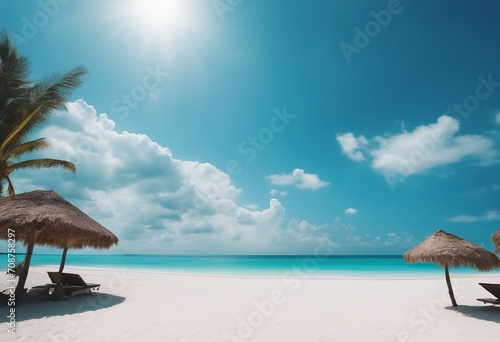 Beautiful beach with white sand turquoise ocean and blue sky with clouds in sunny day Panoramic view