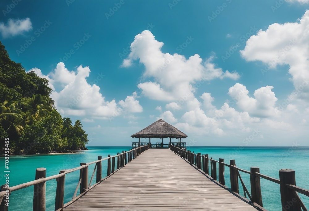 Beautiful tropical landscape background concept for summer travel and vacation Wooden pier to an isl