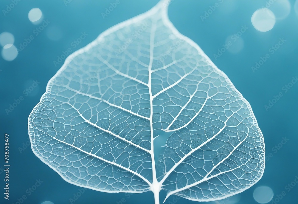 Beautiful white skeletonized leaf on light blue background with round bokeh Expressive artistic imag Beautiful white skeletonized leaf on light blue background with round bokeh Expressive artistic imag