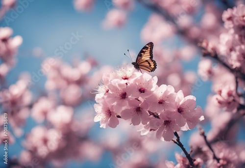 Beautiful pink butterfly and cherry blossom branch in spring on blue sky background soft focus Amazi