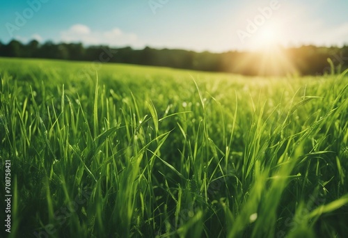 Beautiful panoramic natural landscape of a green field with grass against a blue sky with sun Spring