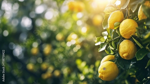  a bunch of lemons hanging from a tree with the sun shining through the leaves and the fruit on the tree is ripe and ready to be picked from the tree. © Anna
