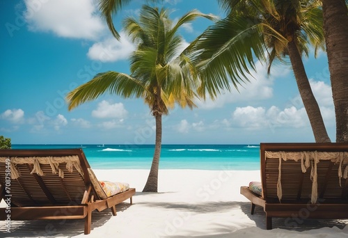 Beautiful tropical beach with white sand and two sun loungers on background of turquoise ocean and b