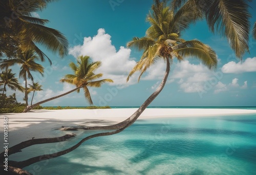 Beautiful tropical beach with white sand turquoise ocean on background blue sky with clouds on sunny