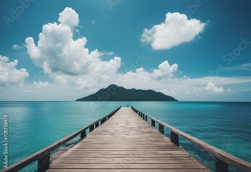 Beautiful tropical landscape background concept for summer travel and vacation Wooden pier to an isl photo