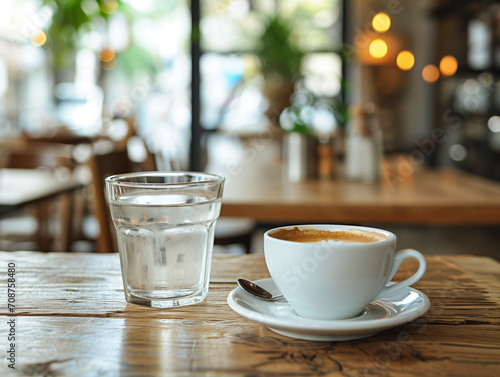 A clear glass with fresh water and cup of coffee on wooden table