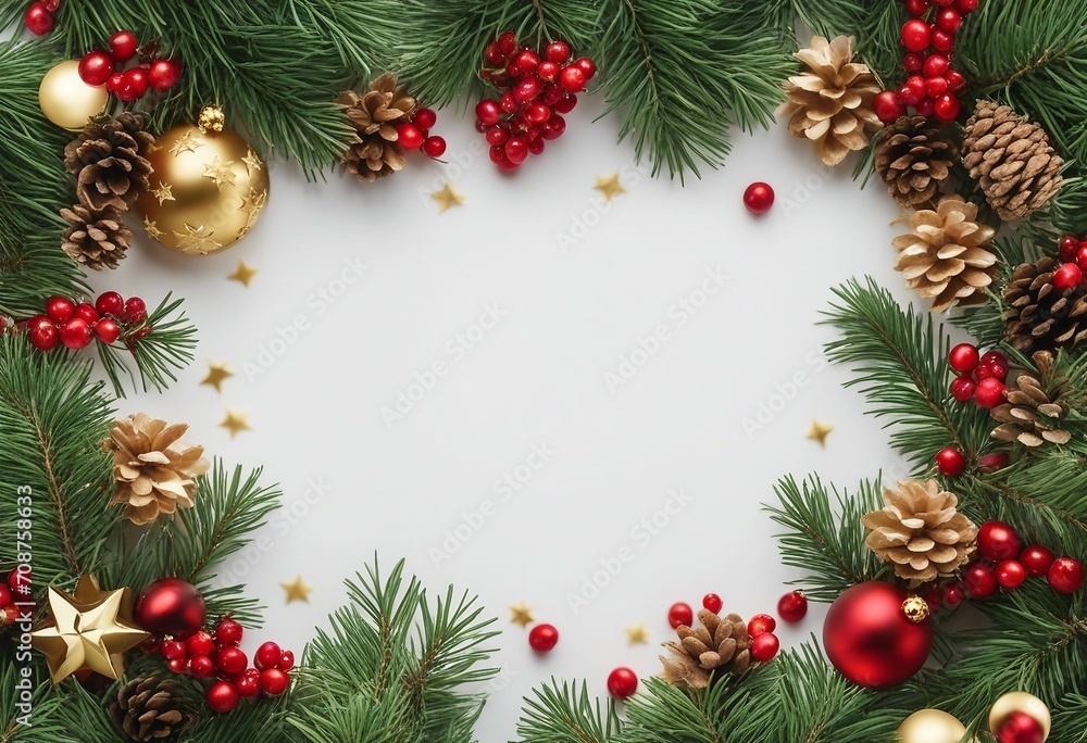 Festive Christmas border isolated on white background Fir green branches are decorated with gold sta Festive Christmas border isolated on white background Fir green branches are decorated with gold sta