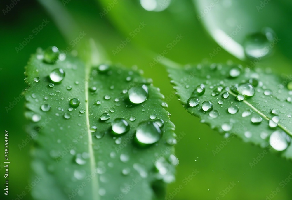 Large beautiful drop of transparent rain water on green leaf macro Drops of dew in morning glow in s