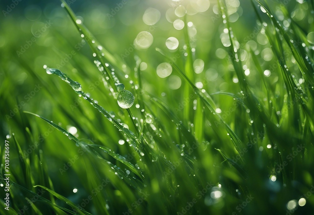 Juicy lush green grass on meadow with drops of water dew in morning light in spring summer outdoors Juicy lush green grass on meadow with drops of water dew in morning light in spring summer outdoors