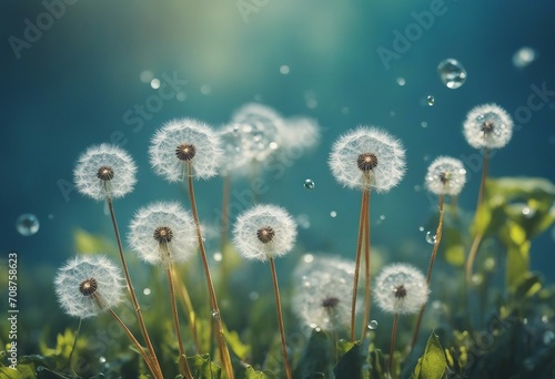 Dandelion Seeds in the drops of dew on a beautiful blurred background Dandelions on a beautiful blue