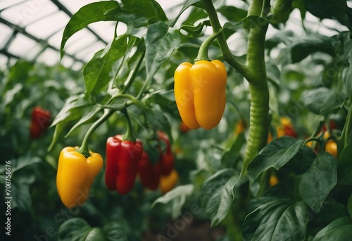 Growing sweet peppers in a greenhouse close-up Fresh juicy red and yellow peppers on the branches cl