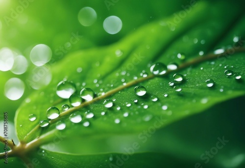 Large beautiful drop of transparent rain water on green leaf macro Drops of dew in morning glow in s