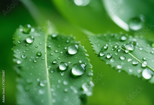 Large beautiful drop of transparent rain water on green leaf macro Drops of dew in morning glow in s © ArtisticLens