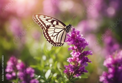 Surprisingly beautiful colorful floral background Heather flowers and butterfly in rays of summer su © ArtisticLens