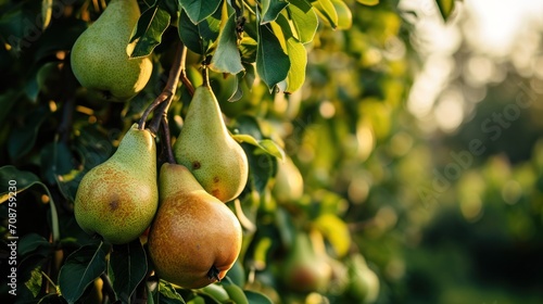  a tree filled with lots of ripe pears hanging from it's branches in a field of green grass and trees with lots of ripe pears hanging from the branches. © Anna