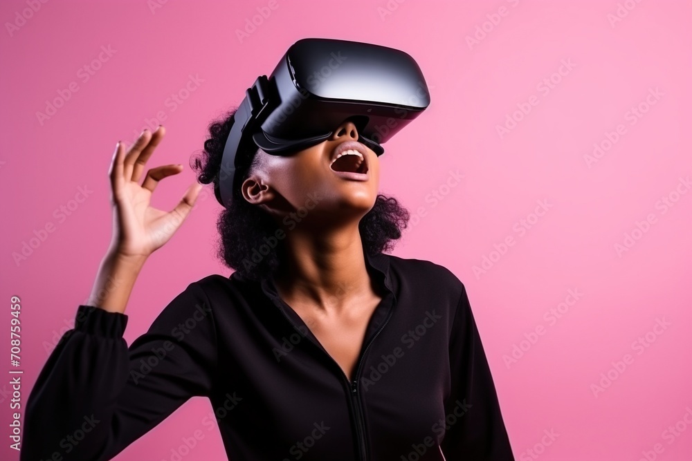 Black woman wearing virtual reality headset and looking amazed Black woman wearing virtual reality headset and looking amazed
