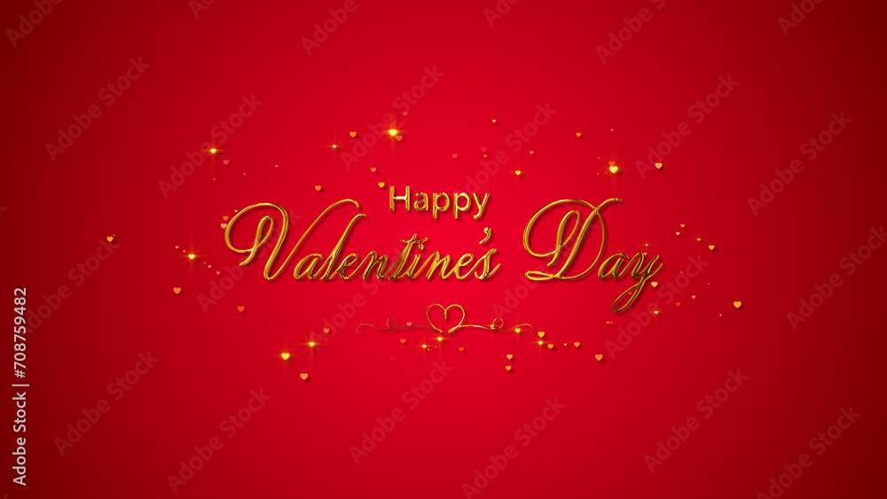 golden happy valentines day text calligraphy and shiny glowing hearts on red background, love and 14 February concept background