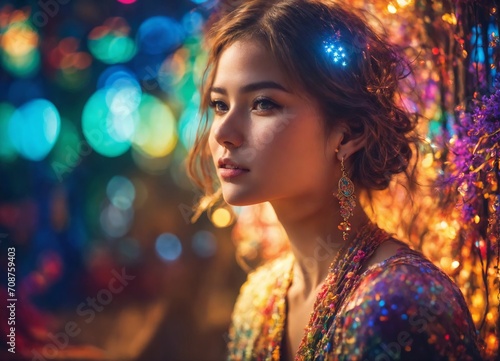 Beauty fashion model girl in colorful bright glow blur color lights