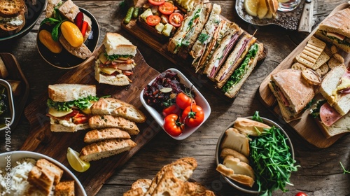  a wooden table topped with lots of different types of sandwiches and bowls of different types of salads and condiments next to each other foods on a cutting board.