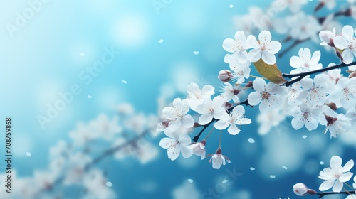 Selective focus of beautiful branches of white Cherry blossoms on the tree under blue sky, Beautiful Sakura flowers during spring season in the park, Floral pattern texture, Nature background. #708759868