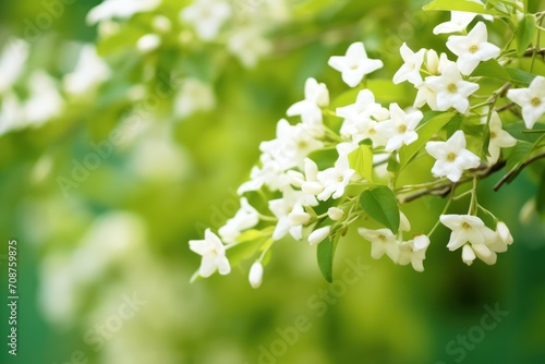 Blooming jasmine bush on a green background