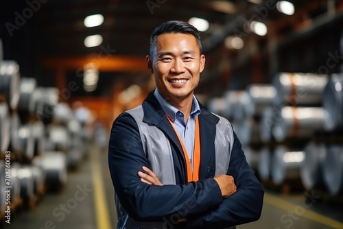 Portrait of a smiling Asian man in a factory