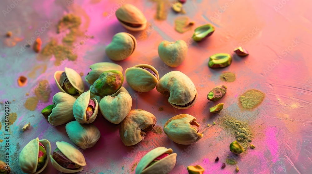  a pile of pistachio nuts sitting on top of a pink and blue counter top next to a pile of green pistachio nuts on a pink and purple surface.