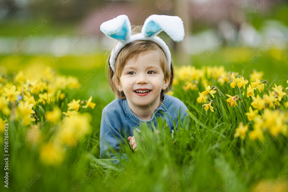 Cute toddler boy wearing bunny ears having fun between rows of yellow daffodils blossoming on spring day. Celebrating Easter outdoors. Egg hunt. Cute toddler boy wearing bunny ears having fun between rows of yellow daffodils blossoming on spring day. Celebrating Easter outdoors. Egg hunt.