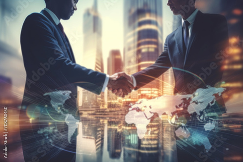 Investors business man handshake with a partner for a successfully closed deal, Blurred double exposure with cityscape in the background. Communication and [resentation. Growth of wealth. High quality photo