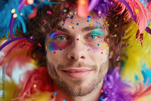 Close-up studio portrait of a man with a vibrant, carnival performer look, wearing colorful attire, isolated on a festive background