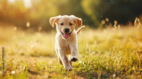  a puppy running through a grassy field towards the camera with its mouth open and it's tongue hanging out, with the sun shining on the grass and trees in the background. © Anna