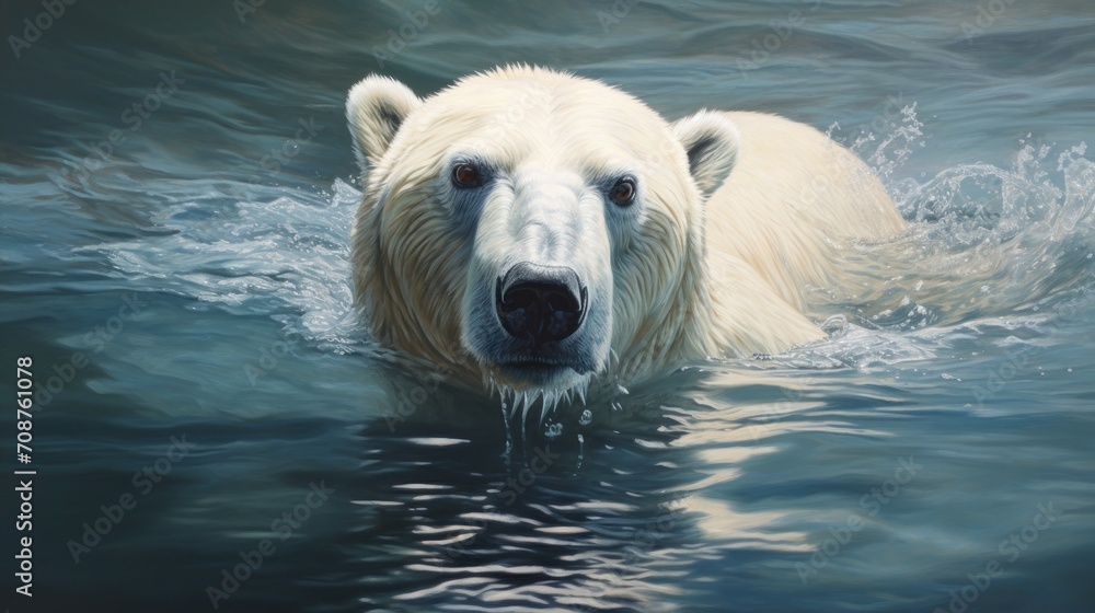 Naklejka premium a close up of a polar bear swimming in a body of water with it's head above the water's surface and it's head above the water's surface.