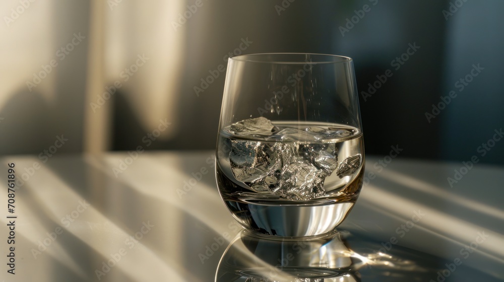 Obraz premium a glass of water sitting on a table with ice cubes in the middle of the glass and water in the middle of the glass on top of the table.
