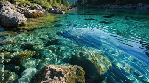  a body of water with rocks and trees in the background and a mountain range in the distance with a blue sky and a few clouds in the middle of the water.