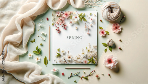 Serene Spring Flatlay for  SPRING  Magazine  Showcasing Blossoming Flowers and Light Scarves  Perfect for Elegant Seasonal Presentations