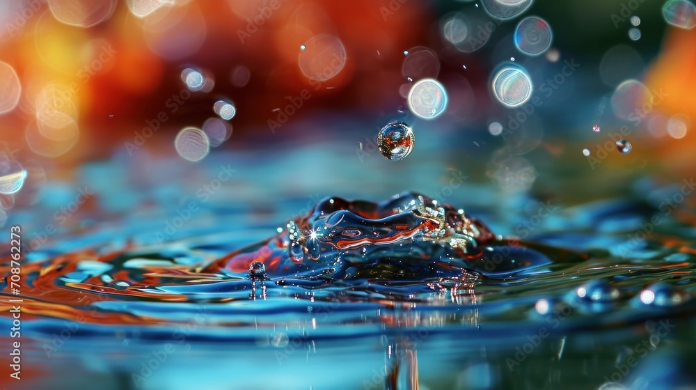  a close up of a drop of water on the surface of a body of water with a blurry background of orange, blue, green, and red colors.